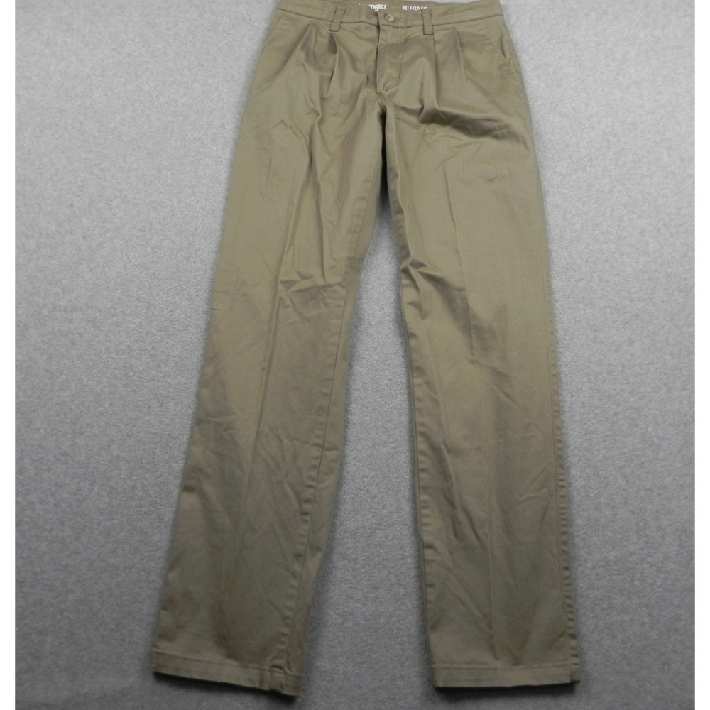Wrangler Chino Pants Mens 30x34 Relaxed Fit Tan Khaki Pleated Cotton Stretch